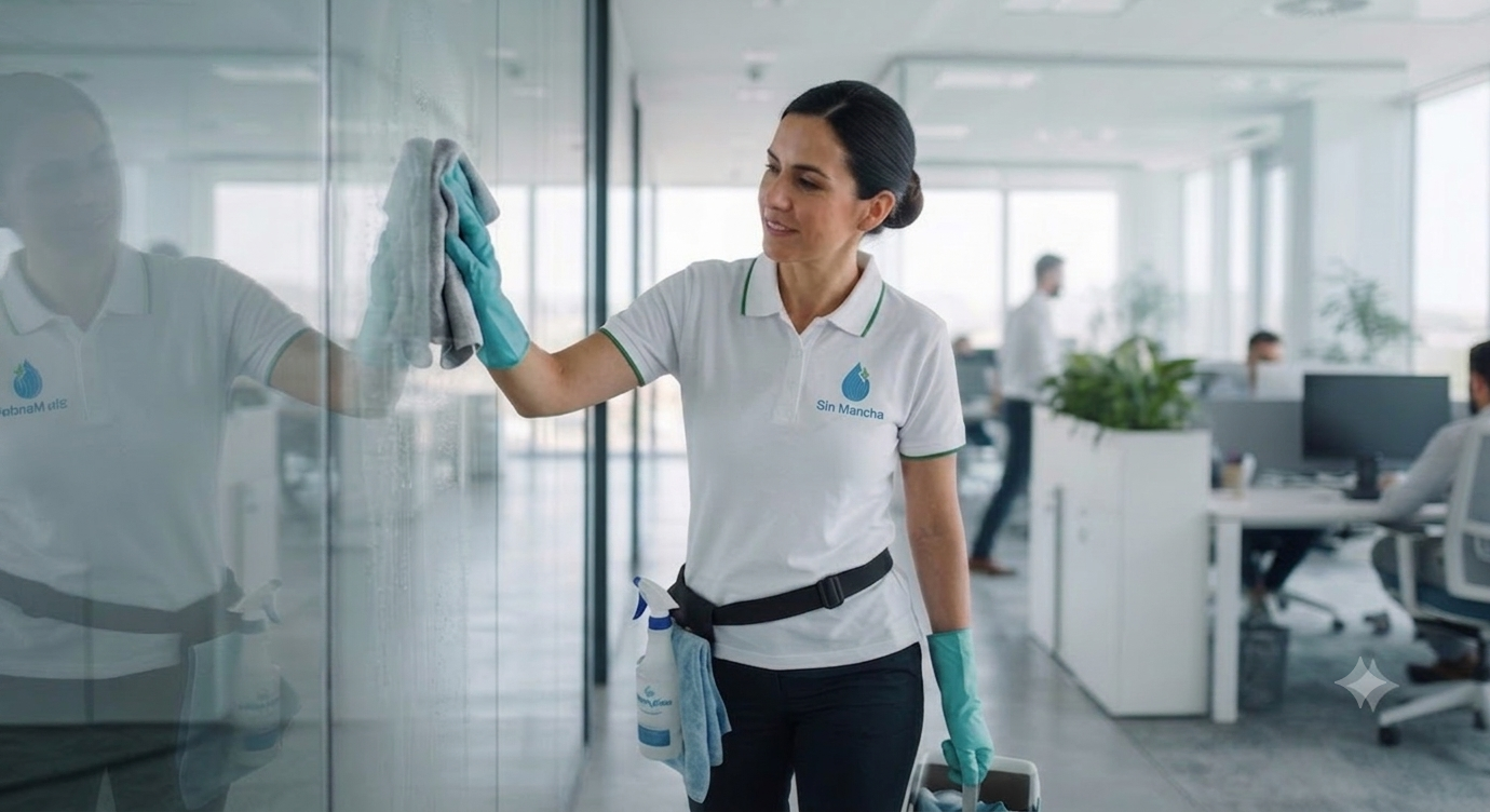 Profesional de limpieza trabajando sobre una superficie de cristal